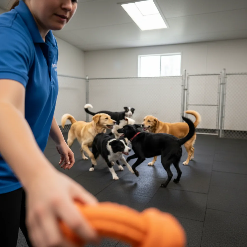 Denver dog daycare staff member supervising a group play session in a climate-controlled indoor yard